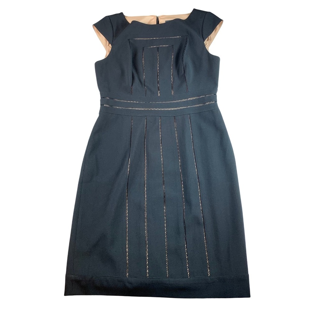Adrianna Papell‎ Black Sheath Dress Ladder Lace Inset Cap Sleeve Size 12